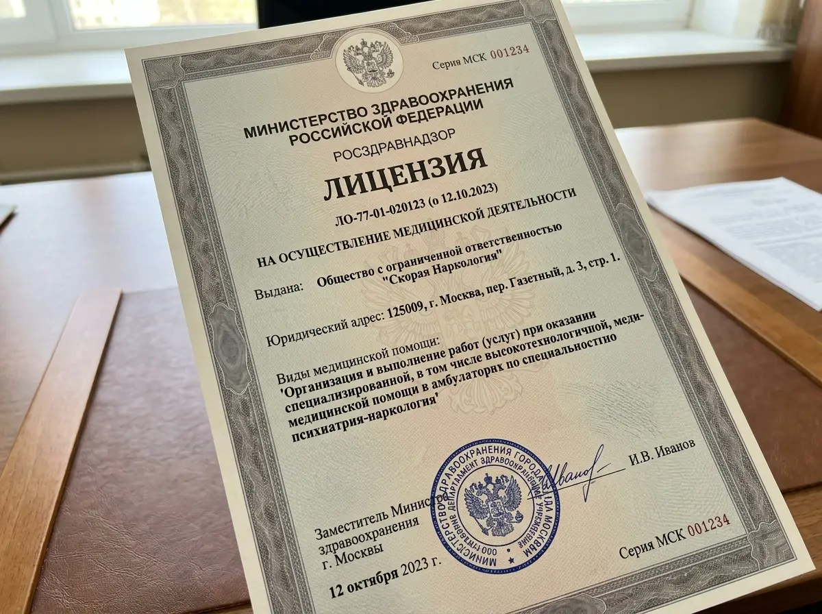 Медицинская лицензия Росздравнадзора ООО Скорая Наркология, официальный документ на бланке, синяя печать Департамента здравоохранения Москвы