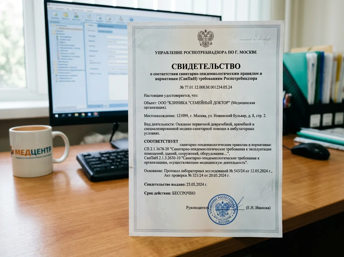 Свидетельство о соответствии СанПиН требованиям Роспотребнадзора для медицинской организации, официальный документ с печатью