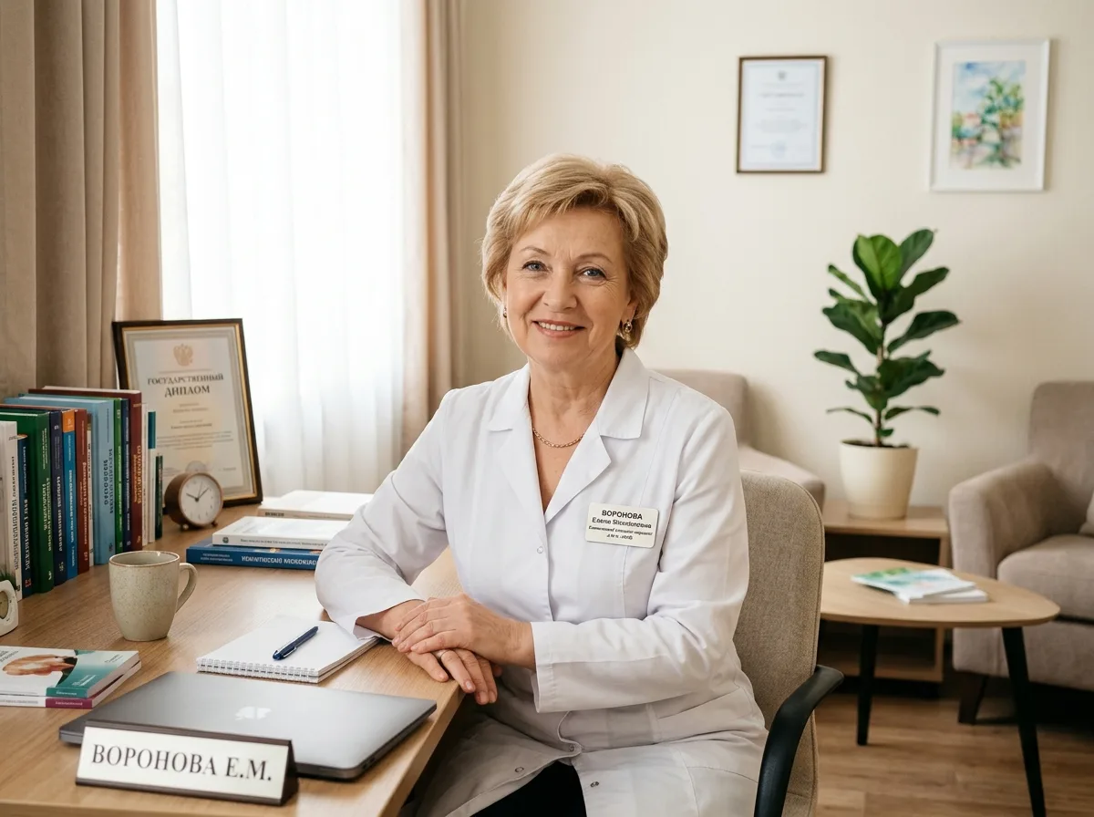 Клинический психолог нарколог Воронова Елена Михайловна, женщина в белом халате с добрым профессиональным выражением лица, светлый кабинет психолога